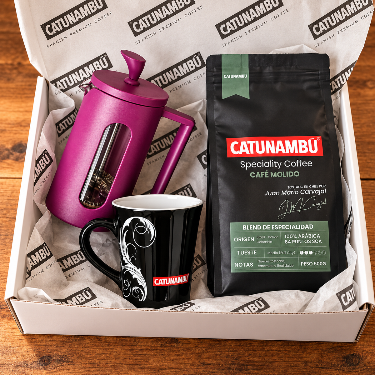 Pack Regalo Catunambú Premium | Café Molido + Prensa Francesa + Taza Negra