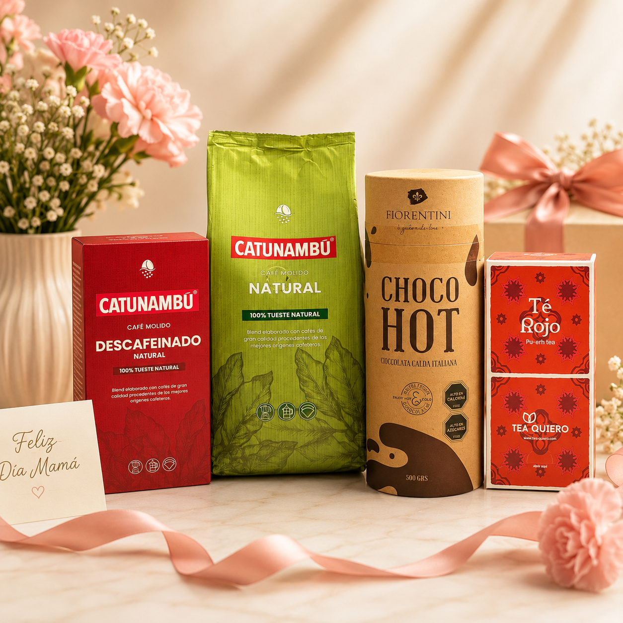 Kit Día de la Madre Catunambú con café molido natural, café descafeinado, té rojo Tea Quiero y chocolate caliente Fiorentini