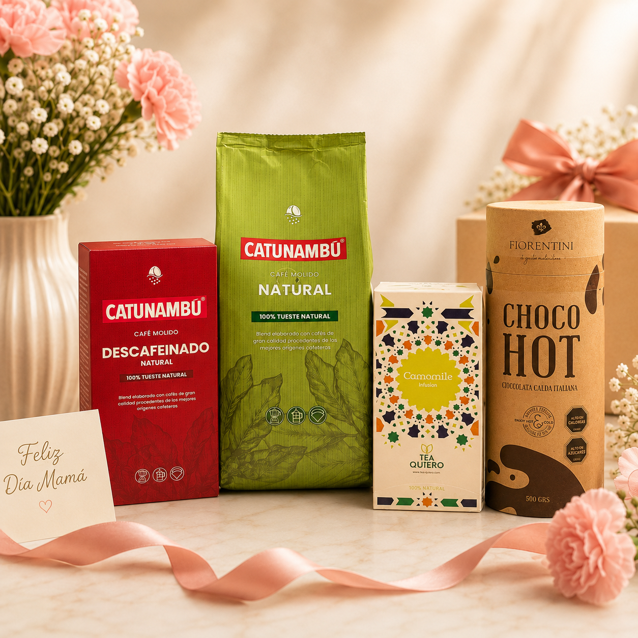 Kit Día de la Madre Catunambú con café molido natural, café descafeinado, té camomille Tea Quiero y chocolate caliente Fiorentini