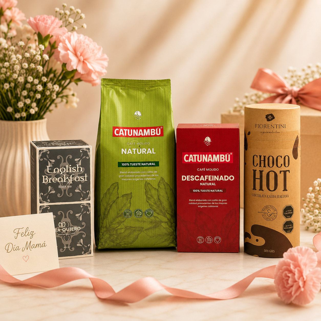 Kit Día de la Madre Catunambú con café molido natural, café descafeinado, té english breakfast Tea Quiero y chocolate caliente Fiorentini