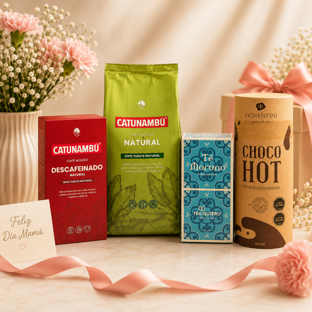 Kit Día de la Madre Catunambú con café molido natural, café descafeinado, té moruno Tea Quiero y chocolate caliente Fiorentini