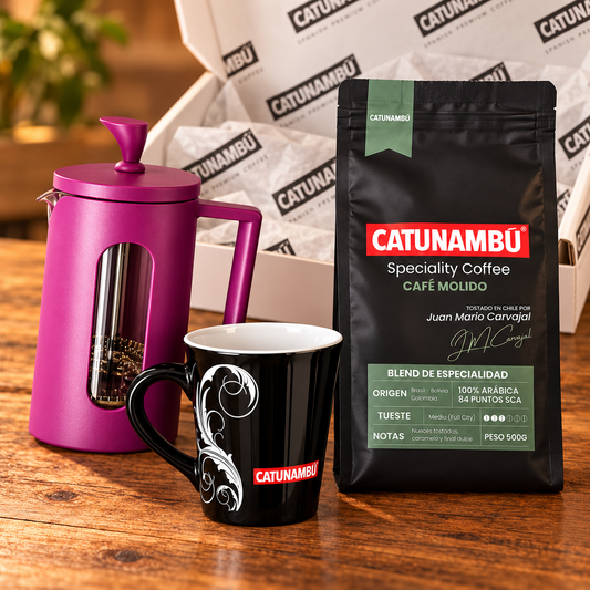 Pack Regalo Catunambú Premium | Café Molido + Prensa Francesa + Taza Negra