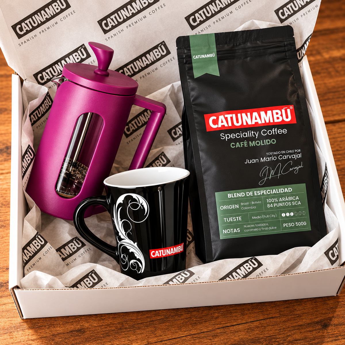 Pack Regalo Catunambú Premium | Café Molido + Prensa Francesa + Taza Negra