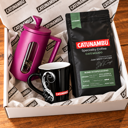 Pack Regalo Catunambú Premium | Café Molido + Prensa Francesa + Taza Negra
